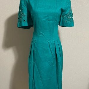 Vintage Nancy Johnson Dress 100% Linen Size 12 Blue Green